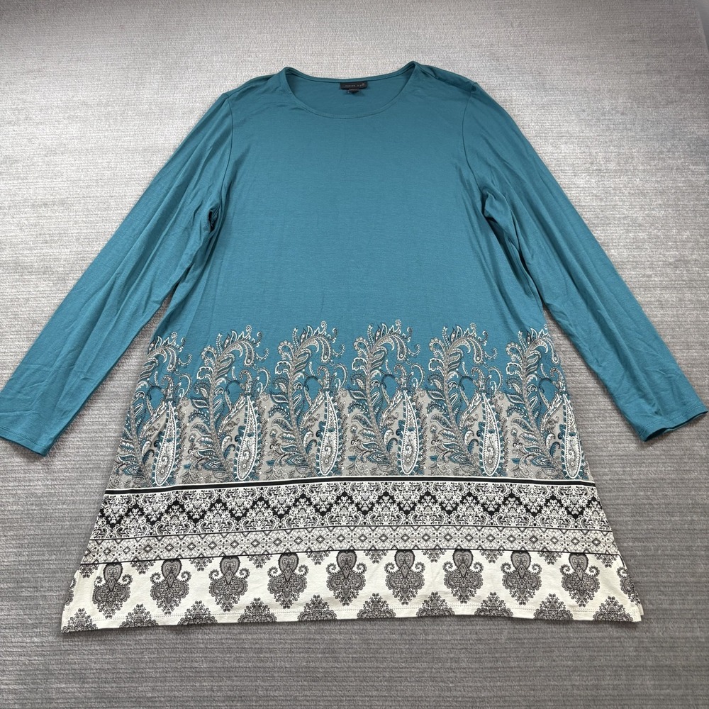 J. Jill Wearever Paisley-Border Tunic Womens L Teal Long Sleeve Stretch Casual